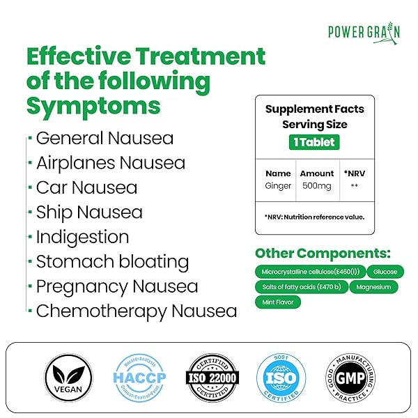 POWER GRAIN TRAVEL AND MOTION SICKNESS TABLETS – 500MG CHEWABLE GINGER RHIZOME TABLETS – NAUSEA AND VOMITING RELIEF – MINT FLAVORED – 10 TABLET
