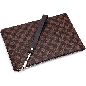 FUguhg Men’s Checkered Clutch Bag – PU Leather Zipper Wrist Strap, Slim Business Document Holder, Travel & Office Organizer