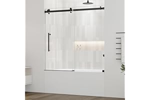 DELAVIN 56-59 in.W x 59 in.H Frameless Bathtub Door, Stainless Steel Tub Shower Door, Bathtub Shower Door with 5/16" (8mm) SGCC Certified Clear Tempered Glass, Black Shower Doors