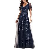 Ever-Pretty Women's Sequin Formal Dress Sparkly V-Neck Short Sleeve A-Line Floor Length Prom Evening Gown 0736