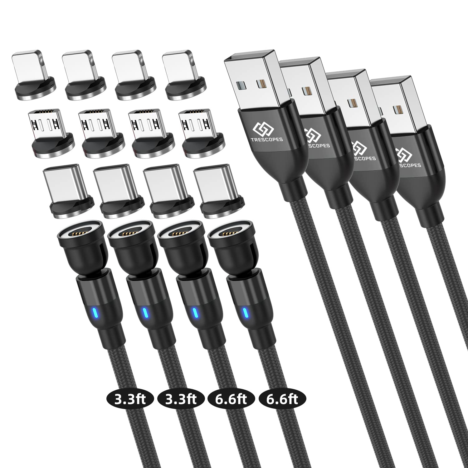 Trescopes Magnetic Fast Charging Cable, [4 Pack], 540° Rotating Heads. Data Transfer. Micro USB, Type C, compatible with all Smartphones. USB C Charger