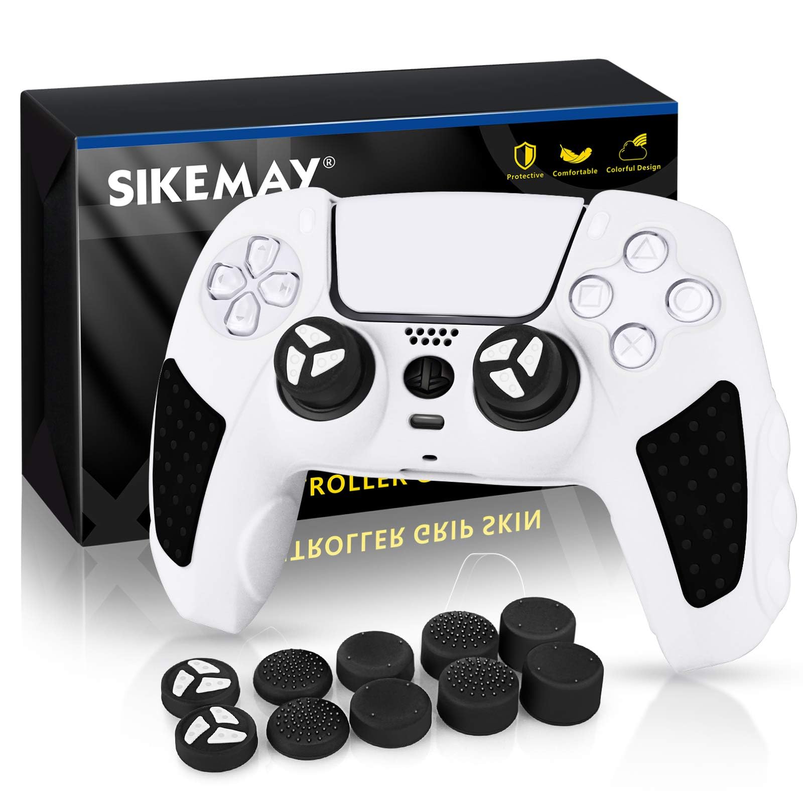 SIKEMAY PS5 Controller Skin, Anti-Slip Thicken Silicone Protective Cover Case Perfectly Compatible with PlayStation 5 Controller Grip with 10 x Thumb Grip Caps (White-Black)