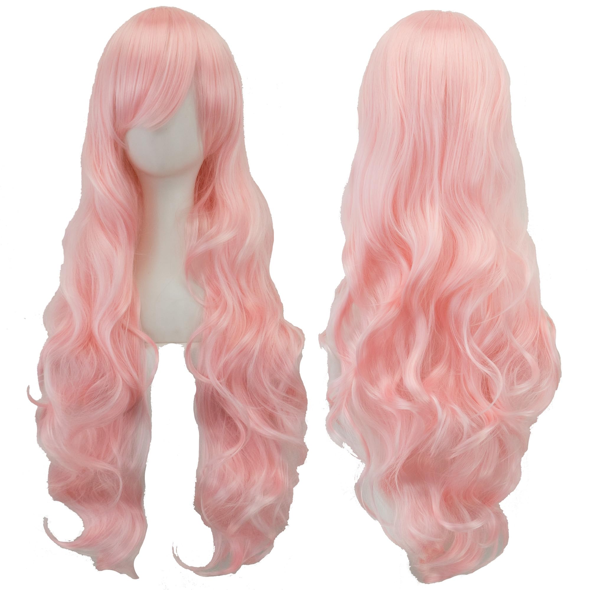 IMISSU 80cm Long Curly Natural Hair Cosplay Wig with Bangs Colorful Halloween Costume Party Wigs for Women (Bright Pink)