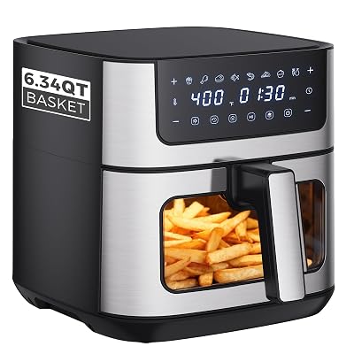 OLIXIS 6.34QT Air Fryer with Window, 8 Food Presets with 400°F Max Heat, 90-Min Timer, Nonstick Dishwasher-Safe Basket for Air Fry, Roast, Reheat, Bake, Stainless Steel, Black