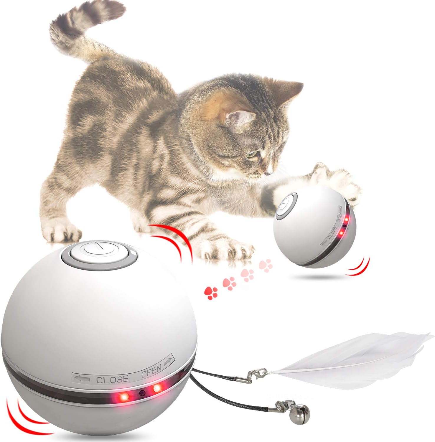 HESTIA Interactive Cat Toy Ball, Automatic Rolling Kitty Toys for Indoor Cats, USB Charging 360 Degree Self Rotating Ball, Build-in Catnip Spinning Color Led Light, with Feather/Bell Toy (White) : Pet Supplies