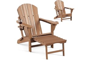 Ciokea Folding Adirondack Chair Fire Pit Chair Patio Adirondack Chair Weather Resistant with 2 Cup Holder Adirondack Retractable Ottoman （Teak）