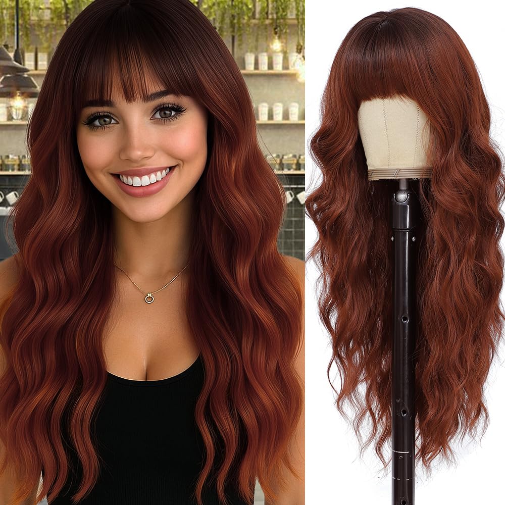 Photo 1 of Long Ginger Orange Wigs with Bangs 26Inch Wavy Curly Hair for Women Tangle Free Soft Natural Looking Premium Heat Resistant Protein Fiber Daily Party Use