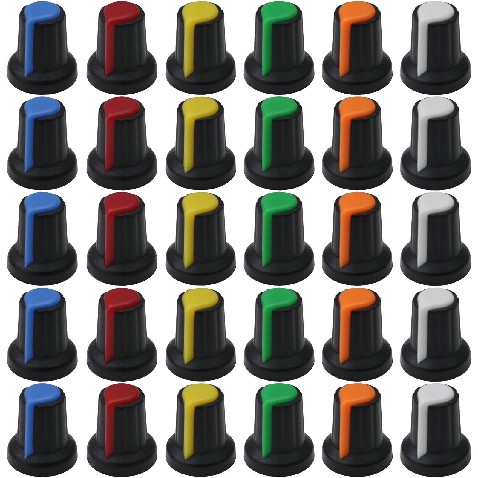 30 Pack Mixed Colour 6mm Splined AG2 Rotary Control Knobs Black Body Audio/Guitar/Mixer Knob