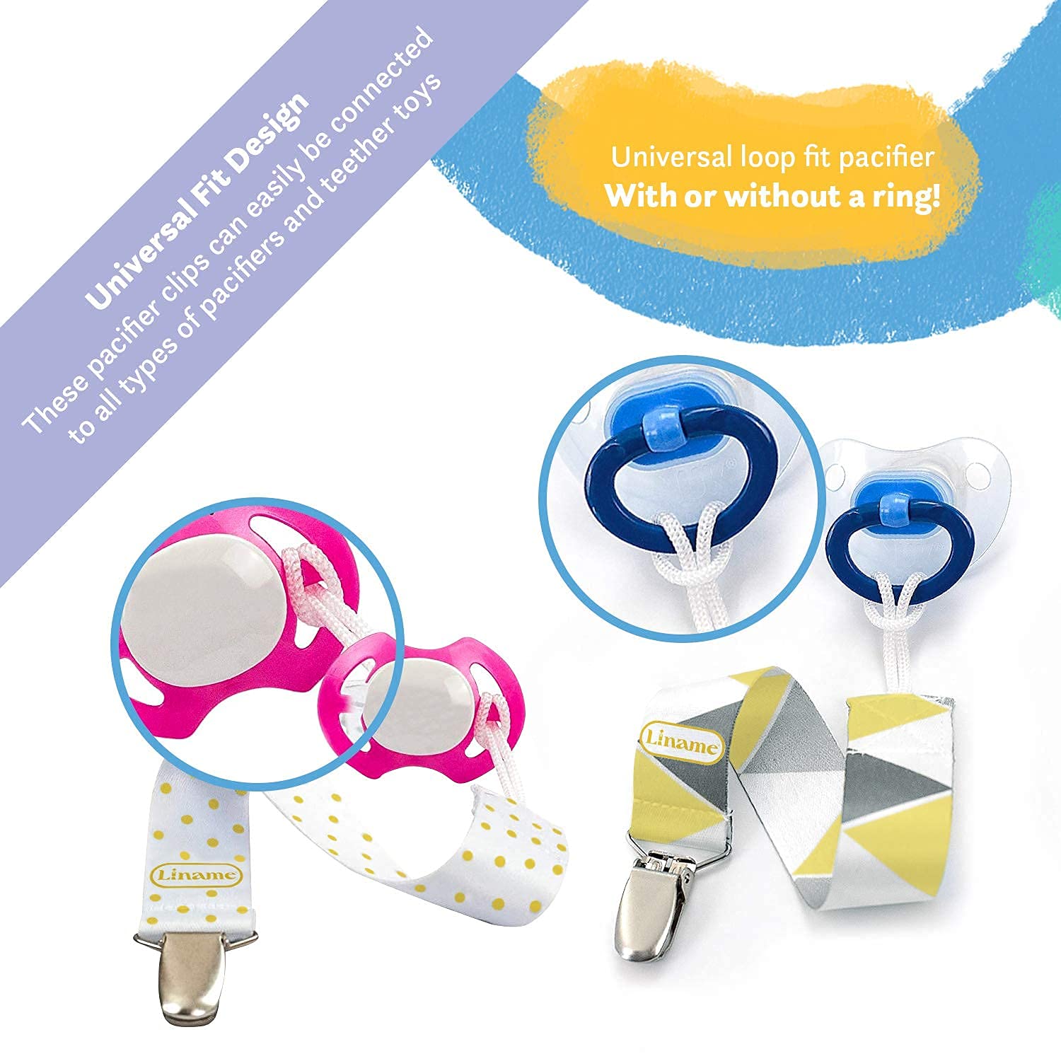 Liname 4 Pack Pacifier Clip for Boys & Girls w/Teething Toy - Baby Gift - for Soothers (Yellow, Metal Clips) : Baby
