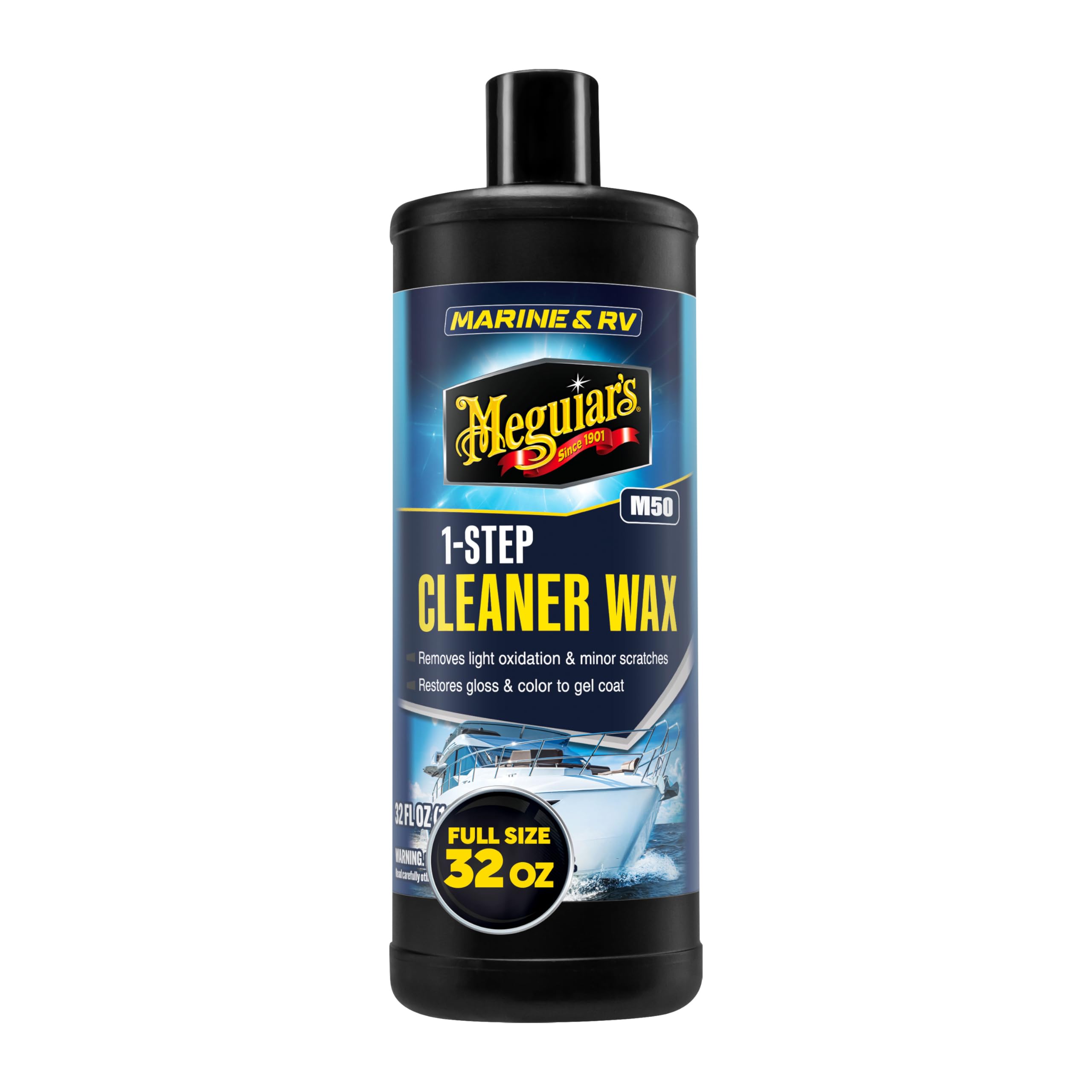 Photo 1 of Meguiar's M5032 Marine/RV One Step Cleaner Wax, Easy-to-Use Marine Wax for Boats and RVs That Removes Light Defects, Restores Color Brilliance, and Protects the Surface, 32 Fl Oz