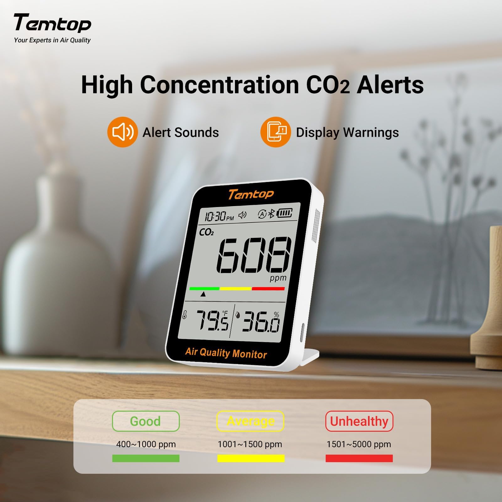 Temtop C1+ CO2 Messgerät Mit APP,Bluetooth Thermometer Hygrometer Mit CO2 Messung,Temperatur- Und Feuchtigkeitssensor Smarte Monitor Für Innenräume Büro Wohnzimmer Schulzimmer 4