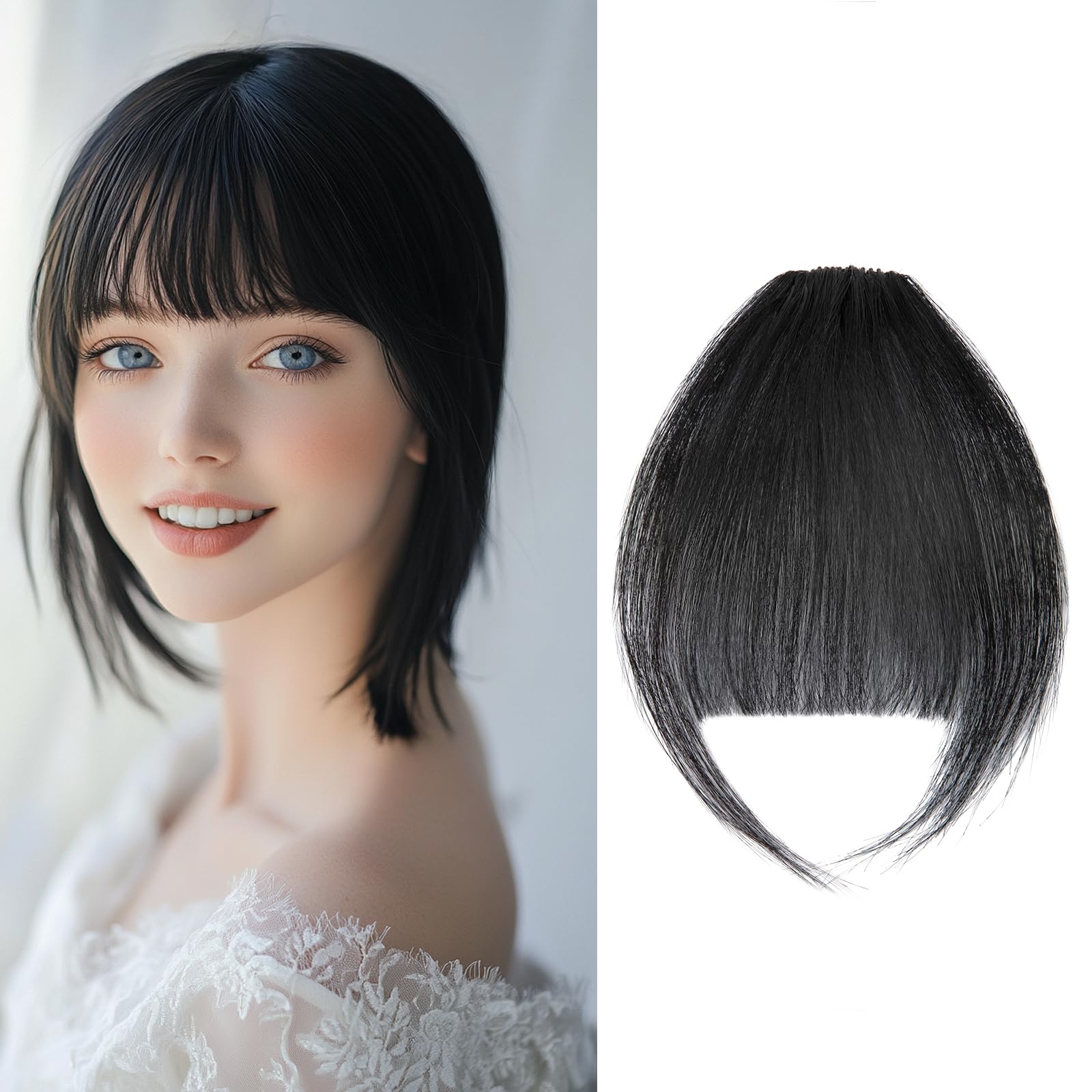 Clip in Fringe Human Hair Jet Black Bangs Fringe Clip in Hair Extensions Clip on Air Bangs Remy Human Hair Extensions Short Hairpieces for Women Clip in Bangs Fringe