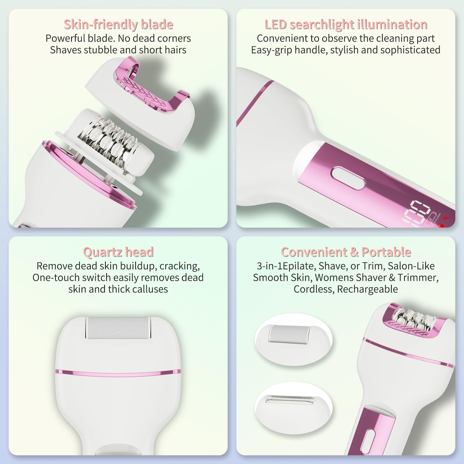 Epilator for Women 3-in-1 Epilator, Body Hair Removal Device,Wet/Dry, Waterproof, Cordless Rechargeable Electric Trimmer & Shaver & Callus Remover for Women & Men 606 Pink
