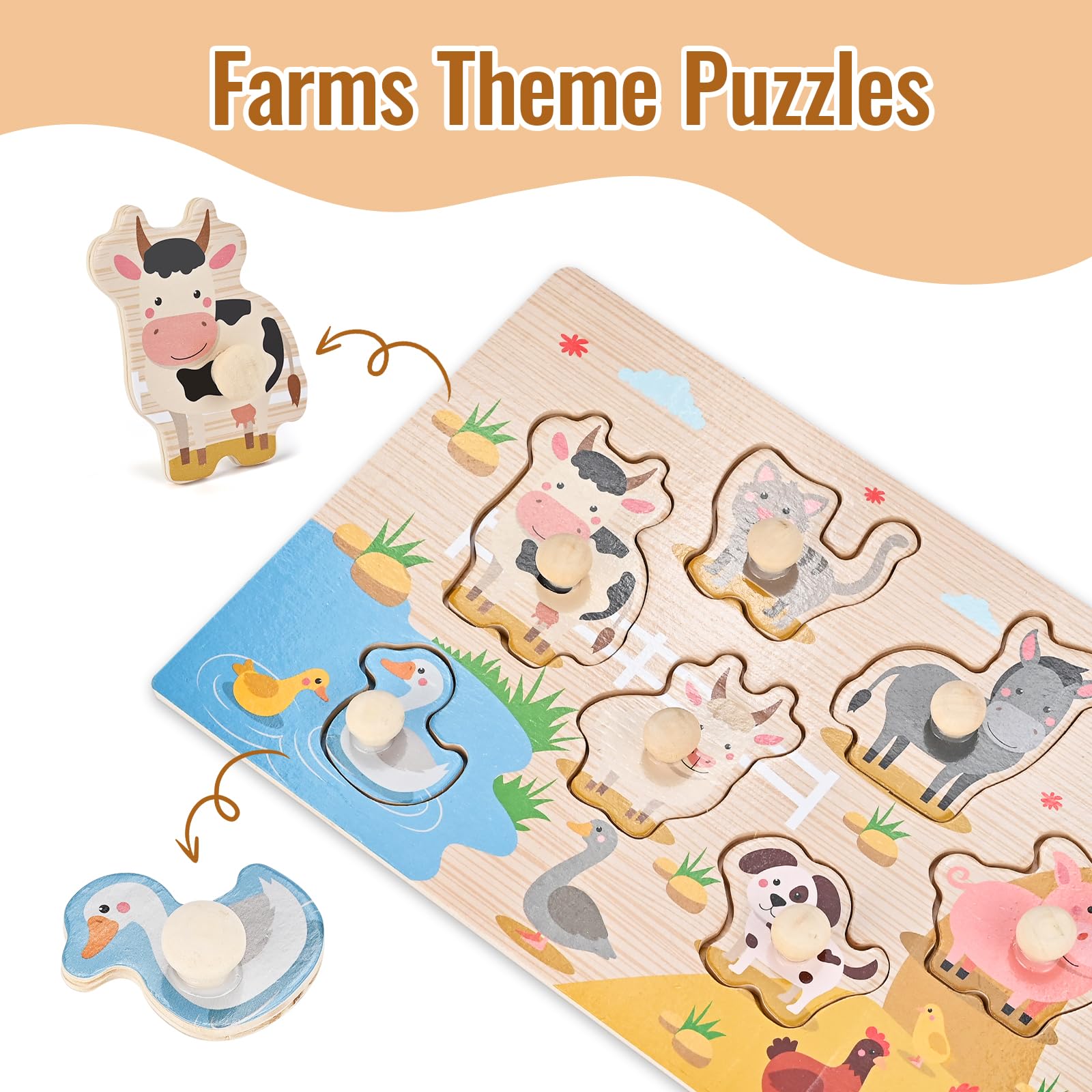 Wooderma Wooden Peg Puzzles for Toddlers 1-3, 2 Pcs Montessori Educational Learning Puzzle Toy Sets - Animal & Sea Themes Puzzles, Great Preschool Gifts for Girls and Boys (6.29 * 11.61in)