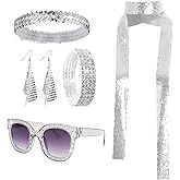 5 Pcs 70s Disco Accessories Women Disco Costume Set Disco Sequin Scarf Headband Diamond Bracelet Earrings Sunglasses
