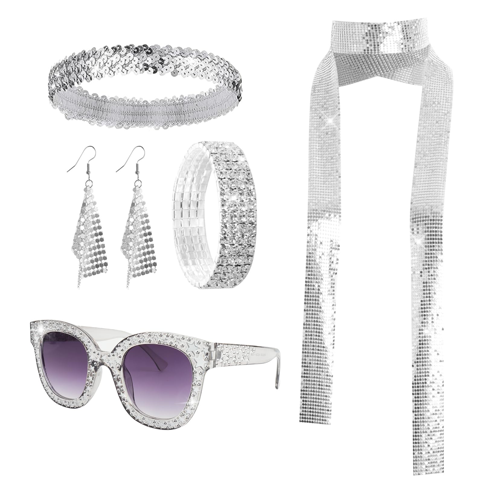 Photo 1 of 5 Pcs 70s Disco Accessories Women Disco Costume Set Disco Sequin Scarf Headband Diamond Bracelet Earrings Sunglasses Sliver