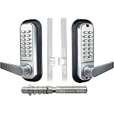 JOUNJIP Double-Sided Mechanical Keyless Door Lock Lever Handle Satin Chrome | Outdoor Keypad Gate Lock, Rounded Deadlatch [Square Spindle] with Passage Mode- Easy Install For Exterior Gates &amp; Fences