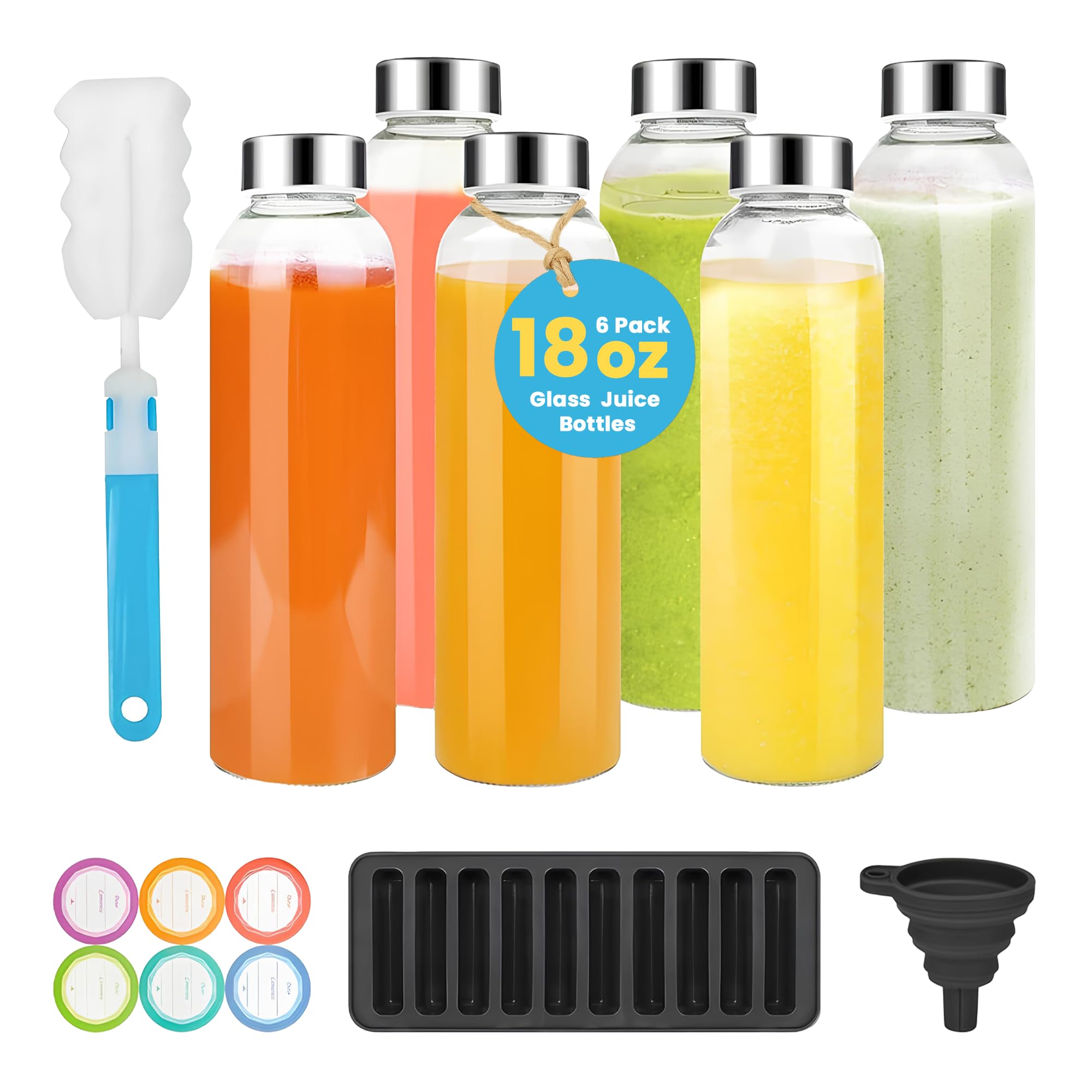 Photo 1 of PROBTTL 18 oz Glass Juice Bottles with Lids - Refillable Clear Glass Water Bottles with Stainless Steel Airtight Caps, Drinking Juice Containers - Reusable, Dishwasher Safe, Leak Proof, 6 Pack