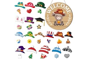 Vicenpal 35 Pcs Interchangeable Highlands Cow Welcome Sign Hanging Seasonal Cow Head Wooden Front Door Decor with 17 Interchangeable Hat 17 Magnet Swappable Pieces for Farmhouse Holiday(Brown)