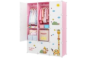 VIPZONE Kids Armoires,12 Cube Wardrobe with Door,Portable Cute Closet Bedroom Dresser Clothes Hanging Storage Rack,Sturdy,Safe and Large Capacity,Pink(14x14inch)
