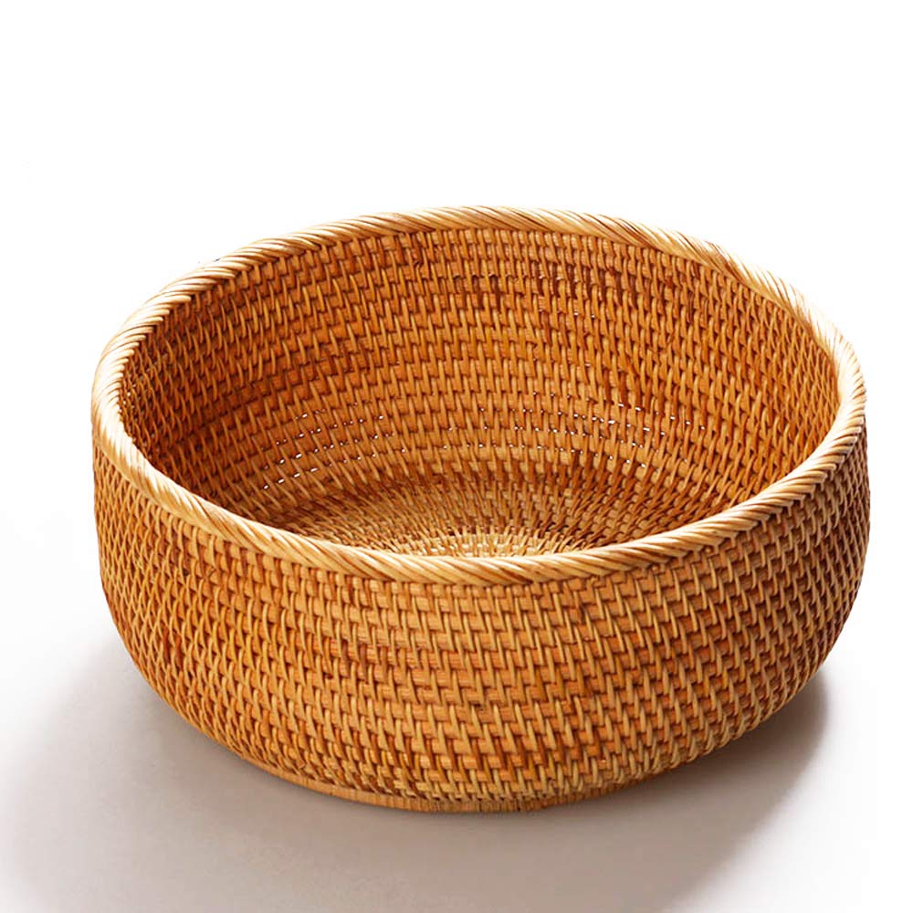 Photo 1 of AMOLOLO Hadewoven Round Rattan Fruit Basket Wicker Food Tray Weaving Storage Holder Dinning Room Bowl, 10 Inch Woven Bread Basket Key Bowls with 4”Wall for Table, Countertop (Large 9.8")
