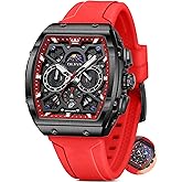 OLEVS Mens Watches Luxury,Silicon Strap Watches for Men,Chronograph Waterproof Business Large Face Tonneau Quartz Fashion Men’s Wrist Watch Dress Relojes para Hombres(Red/Yellow/Black/White Strap)