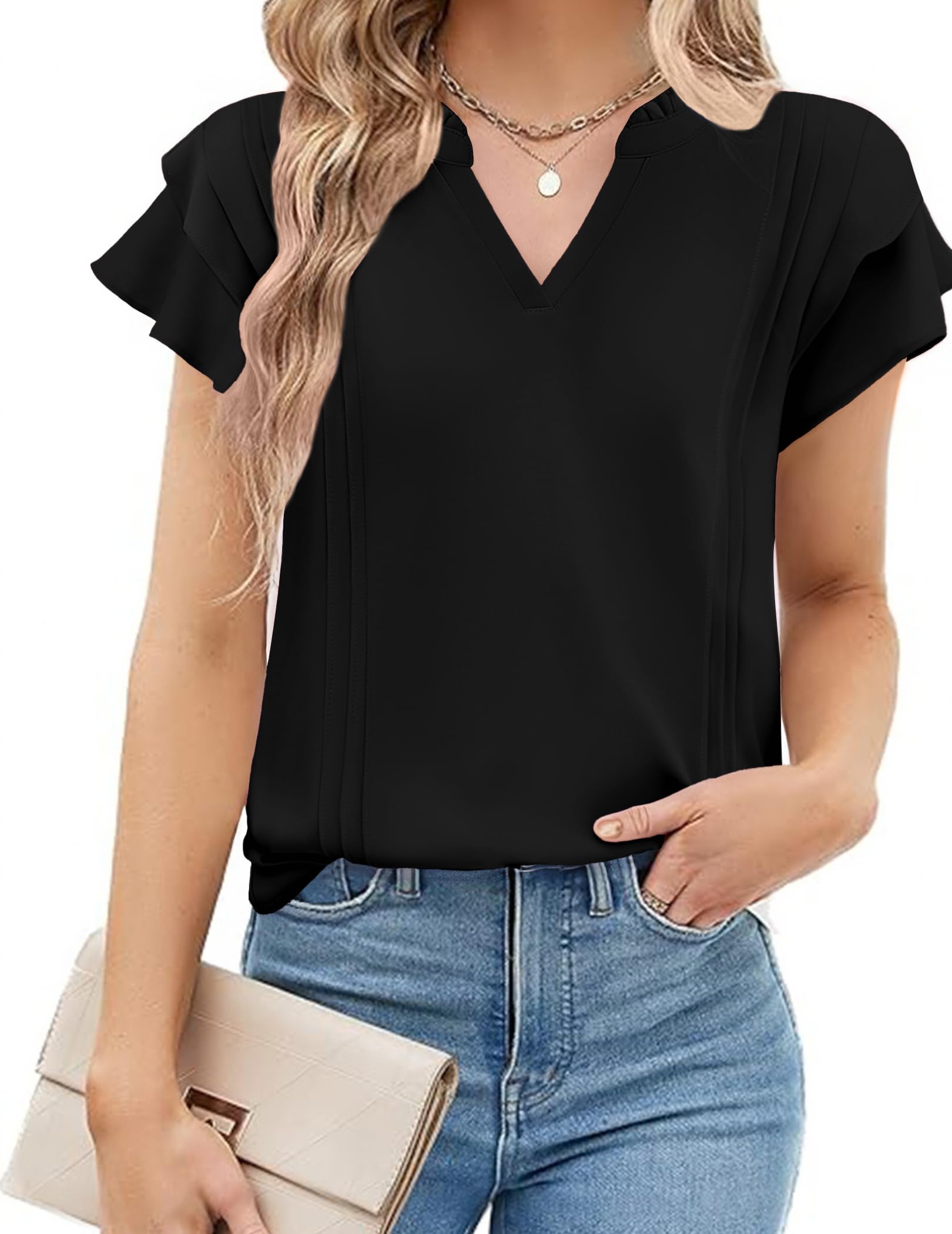 Cnlinkco Blouses for Women Business Casual V Neck Ruffle Short Sleeve ...