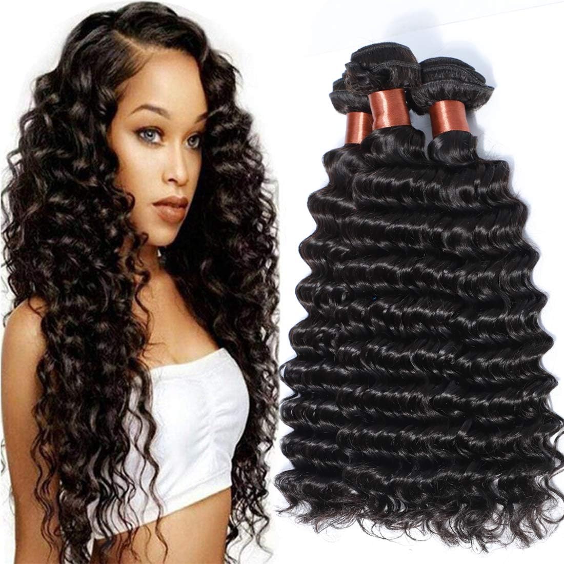 Angie Queen Hair Brazilian Virgin Hair Deep Wave 3 Bundles 18 20 22Inch Wet and Weaves Human Hair 100% Unprocessed Virgin Human Hair Extensions 95-105g/pc Natural Black Color Can Be Dyed and Bleached