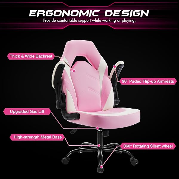 SWEETCRISPY COMPUTER GAMING DESK CHAIR – ERGONOMIC LUMBAR SUPPORT EXECUTIVE WITH PU LEATHER AND FLIP-UP ARMREST, HEIGHT ADJUSTABLE WITH 360° SWIVEL WHEELS, PINK WHITE, FOR HOME AND OFFICE