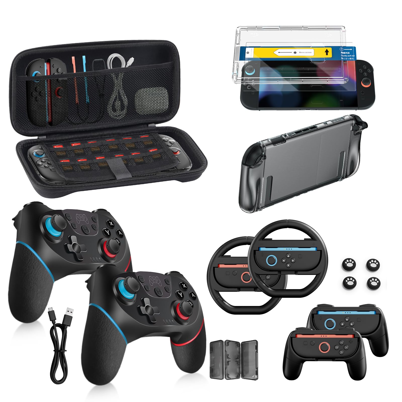Photo 1 of Pro Controllers Accessories Bundle for Nintendo Switch 2 18-in-1: Carrying Case, Screen Protector, Thumb Grip for Joycon, Dockable Console Protective Cover Shell, Steering Wheel, 2025 Switch2 Game Kit
