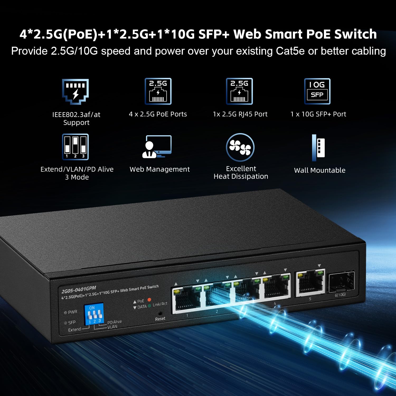 6-Port-2,5G-PoE-Managed-Switch, 10G-SFP+-Steckplatz, IEEE802.3af/at 100W, unterstützt Trunk/LACP/VLAN/QOS/Extender/Watchdog, Metall-Multi-Gigabit-Desktop-/Wandmontage-Netzwerkswitch 2