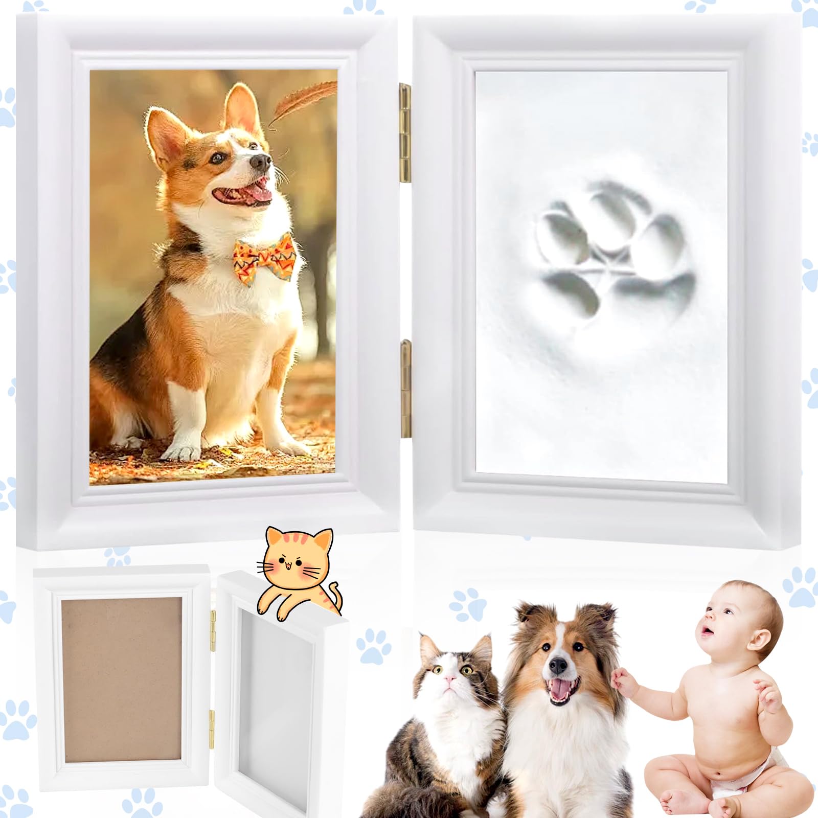 Oneroomone Paw Print Set Dog and Cat, 3D Plaster Cast - Keepsake Box, Picture Frame and Paw Print Set, for Pet Paw Print Picture Frame and Stamp Set, Wall Decoration (White)