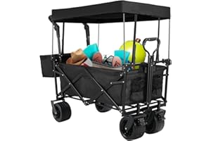AthLike Extra Large Collapsible Wagon w/Removable Canopy, 250lbs Foldable Garden Cart w/Rear Storage, Heavy Duty Outdoor Push&Pull Utility Camping Beach Stroller w/Big Wheel&Adjustable Handles, Black