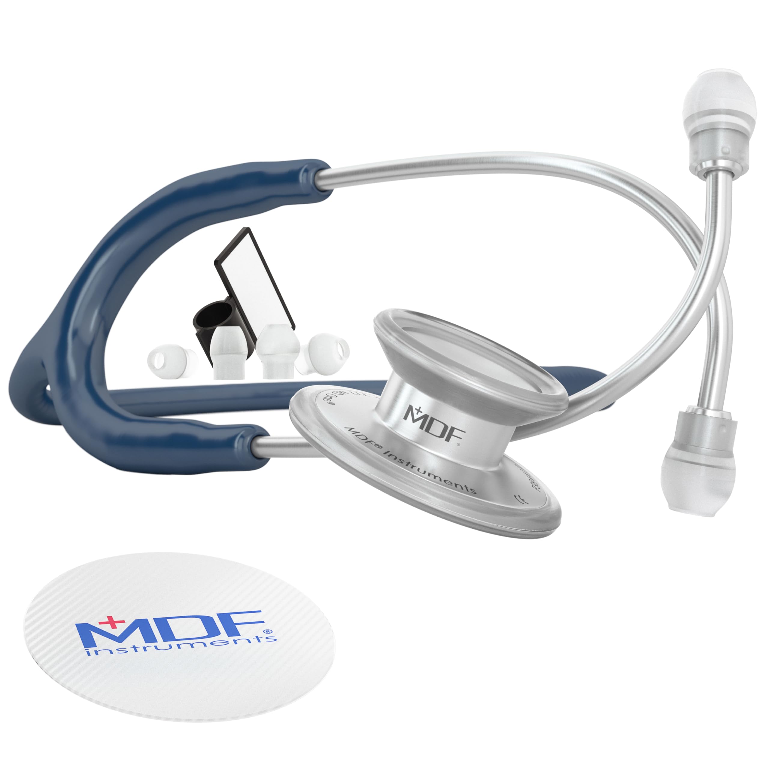 MDF Instruments, MD One Stainless Steel Premium Dual Head Stethoscope, Adult, Navy Blue Tube, Silver Chestpieces-Headset, MDF77704 โ image 1