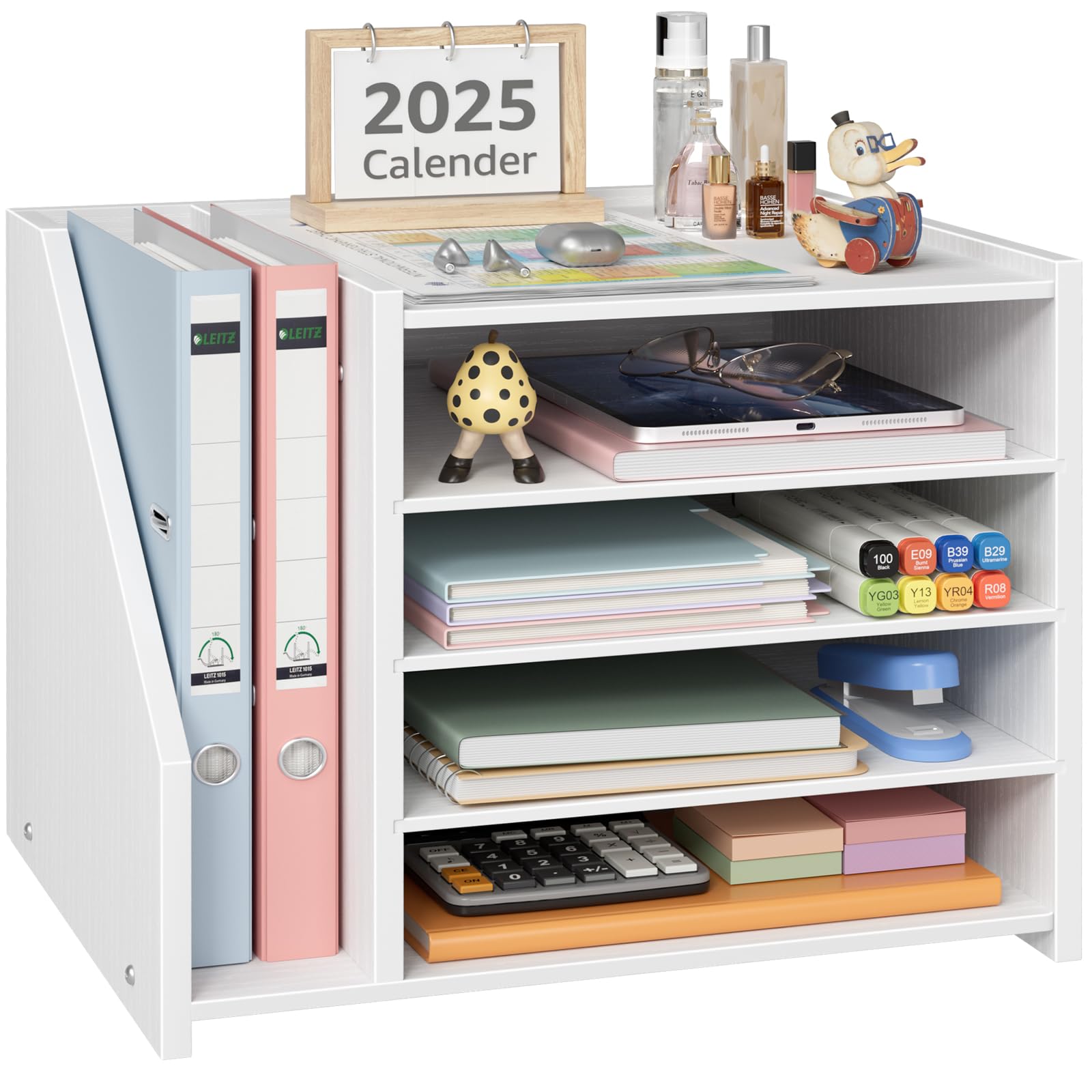 Photo 1 of NUTIKAS Wood Paper Tray Organizer for Desk - 5 Tier Desk Top File Storage Office Workspace Desktop Organization Stationary Small Wooden Shelf, White