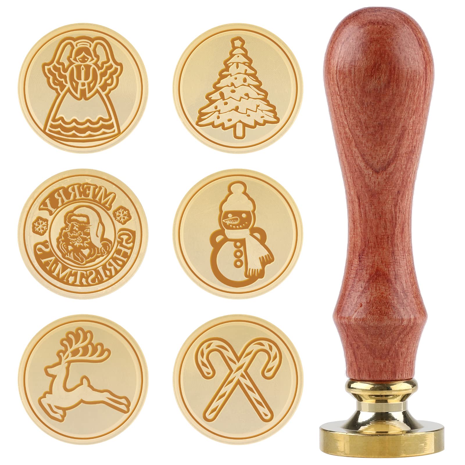 Christmas Wax Seals and Stamps Kit 6 Pieces Wax Sealing Wax Stamps Copper Seals 25mm Removable Brass Head and 1 Pc Wood Handle Wax Stamp Kit for Christmas Cards Envelopes, Invitations, Wine Packages