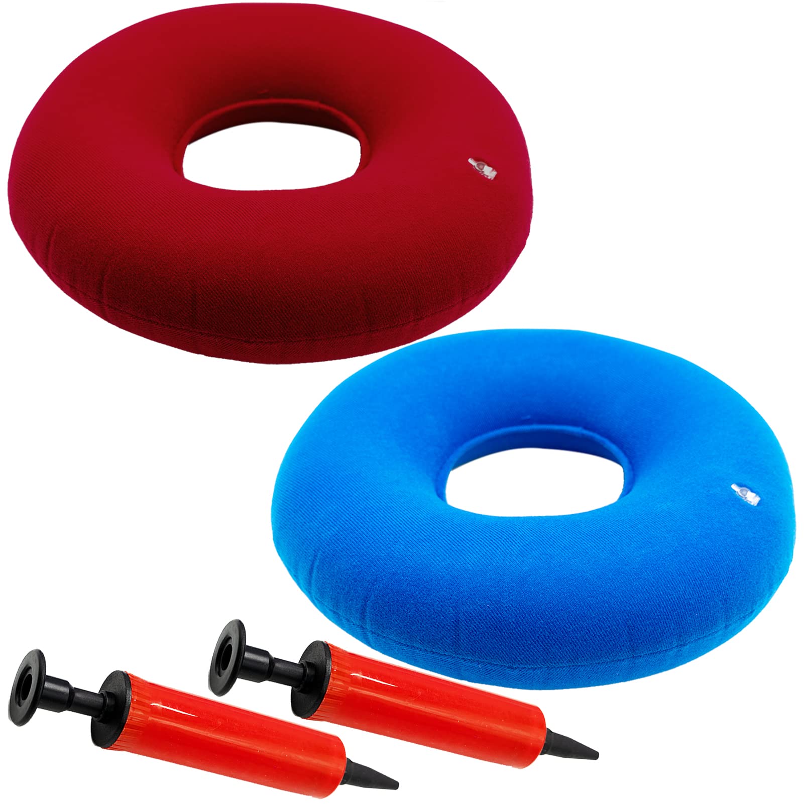 2pcs Inflatable Donut Ring Cushion 40cm with Inflator Pump for Hemorrhoid Treatment Seat Coccyx Tailbone Pillow Perineum Pain Pregnancy Childbirth Prostatitis Wheelchairs Car (light blue + Red)