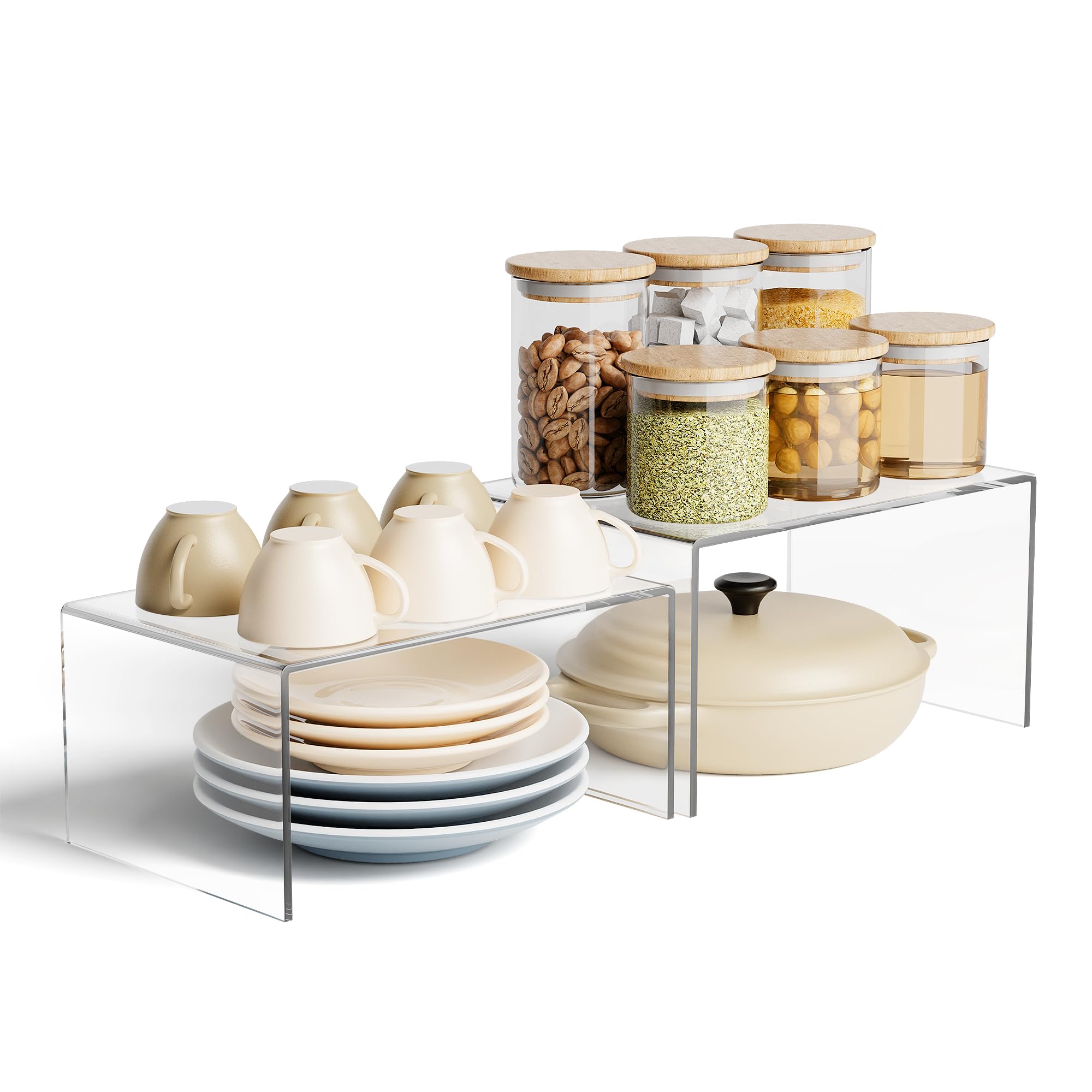 Photo 1 of Yakaly Clear Acrylic Kitchen Cabinet Risers Set of 2 - Anti-Slip Stackable Shelf Organizers, Space Saving Shelves for Counter Display & Spice Organization