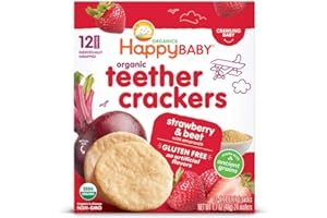 Happy Baby Organics Baby Snacks, Gentle Teething Crackers, Gluten Free & Vegan, Strawberry & Beet, 12 Count (Pack of 6)