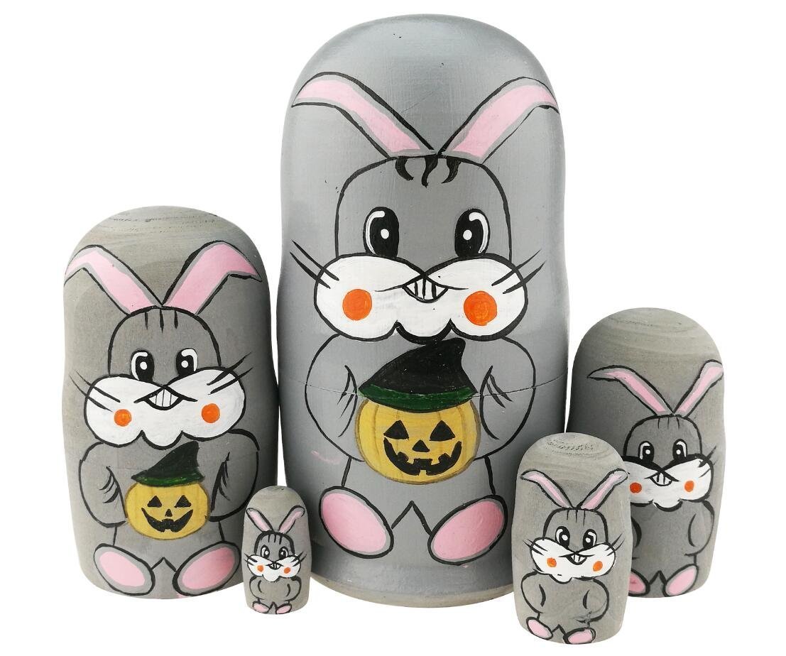 Winterworm Set of 5 Adorable Rabbit Holding Halloween Pumpkin Novelty Doll Animal Nesting Dolls Wooden Stacking Toy Handmade Matryoshka Doll Kids Toy Gifts