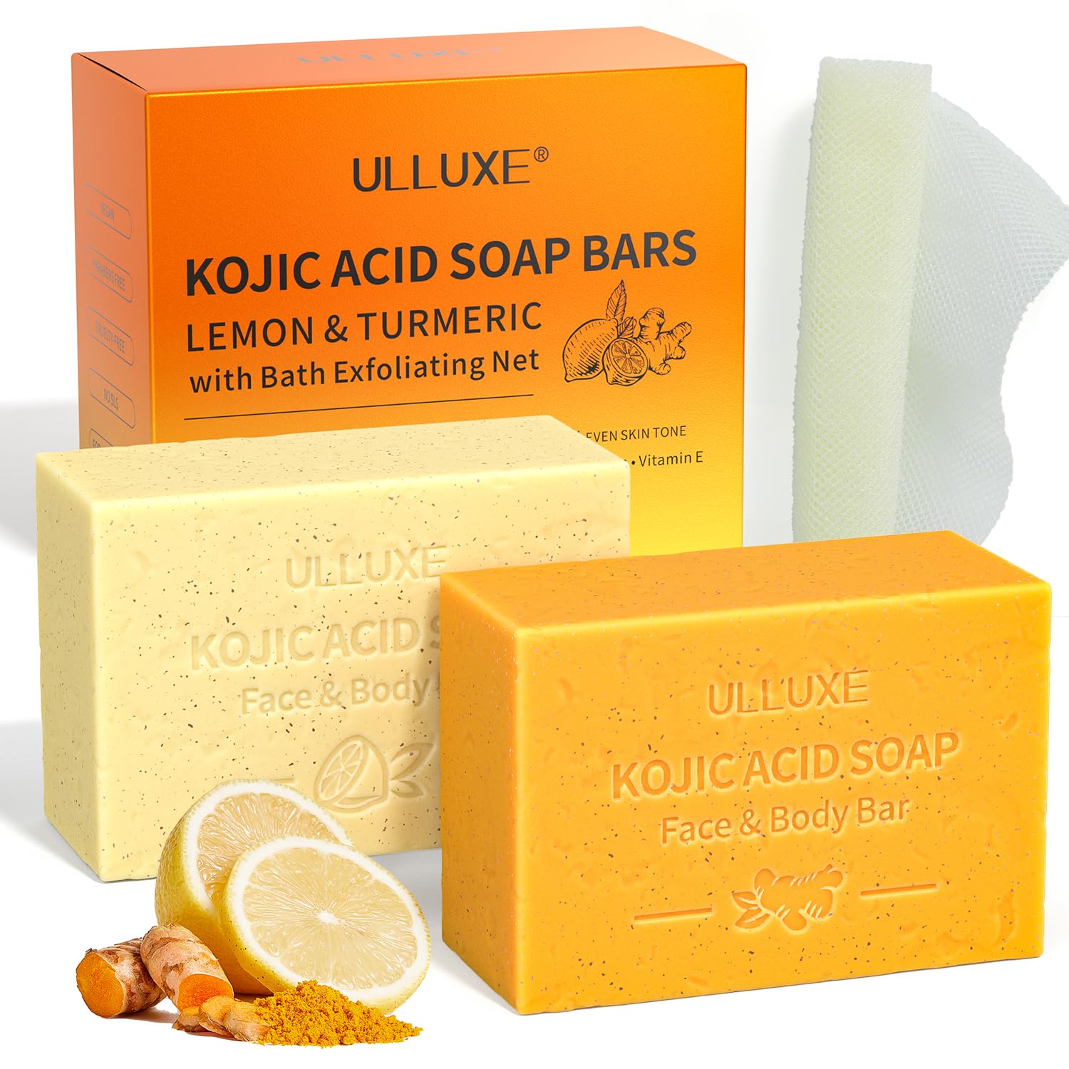 Kojic Acid Soap Bar with Lemon Turmeric, Turmeric Soap for Face and Body to Reduce Dark Spots, Exfoliate, Nourish, Cleansing, Natural Handmade Vitamin C Soaps with African Bath Sponge (2 Pack)
