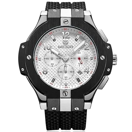 Armbanduhr Megir Herren Uhren Luxus mit Militär Schwarz Silikonarmband Groß Weiß Chronograph Kalender Wasserdicht XL