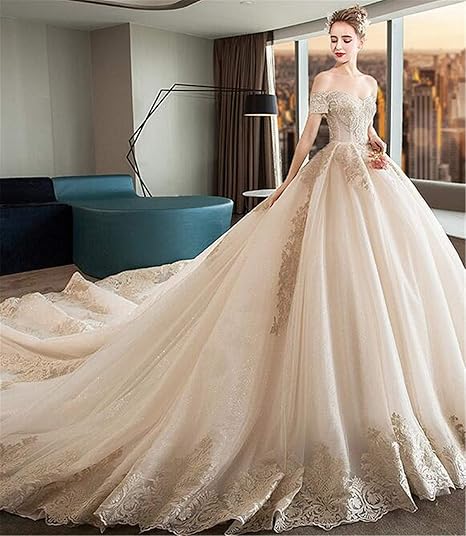 He Shop Hochzeitskleid Brautkleid Champagner Spitze Spitze Applikation Slim One Shoulder Prinzessin Tutu Party Kirche Hochzeit Abendkleid X Large Amazon De Kuche Haushalt