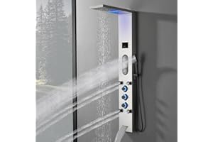 Bathfinesse Shower Wall Panels LED Light, Rainfall Shower Head with Large Area Body Jet Massage Shower Fixtures with Temperature Display Adjustable Body Jets Tub Spout Hand Shower, Brushed Nickel