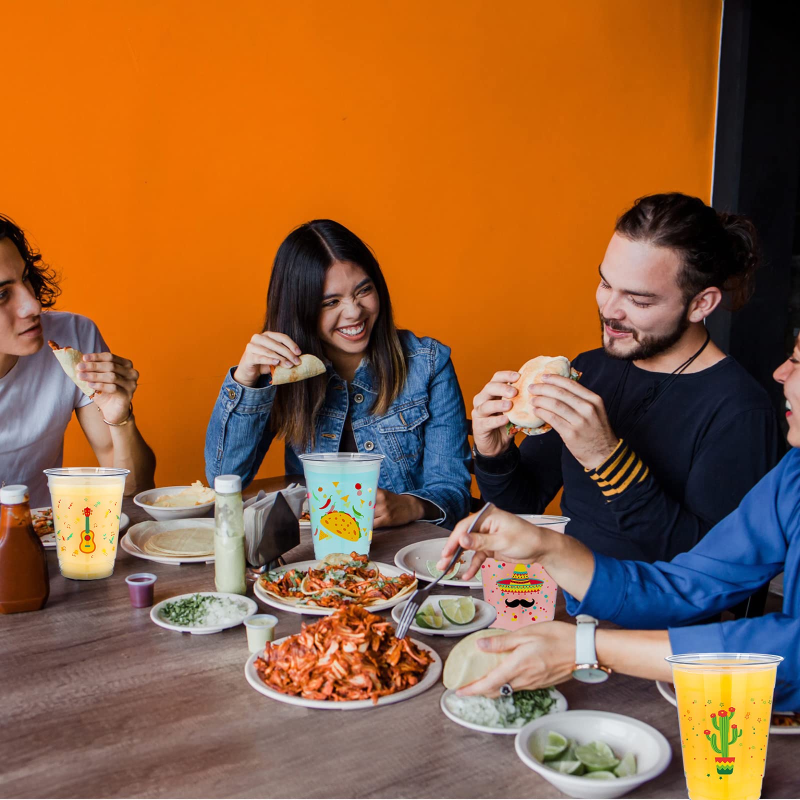 meekoo 100 Pack 12 oz Fiesta Cups Plastic Mexican Cups Clear Disposable Mug Cinco De Mayo Party Decorations for Fiesta Taco Birthday Party Drinkware Supplies, 4 Styles