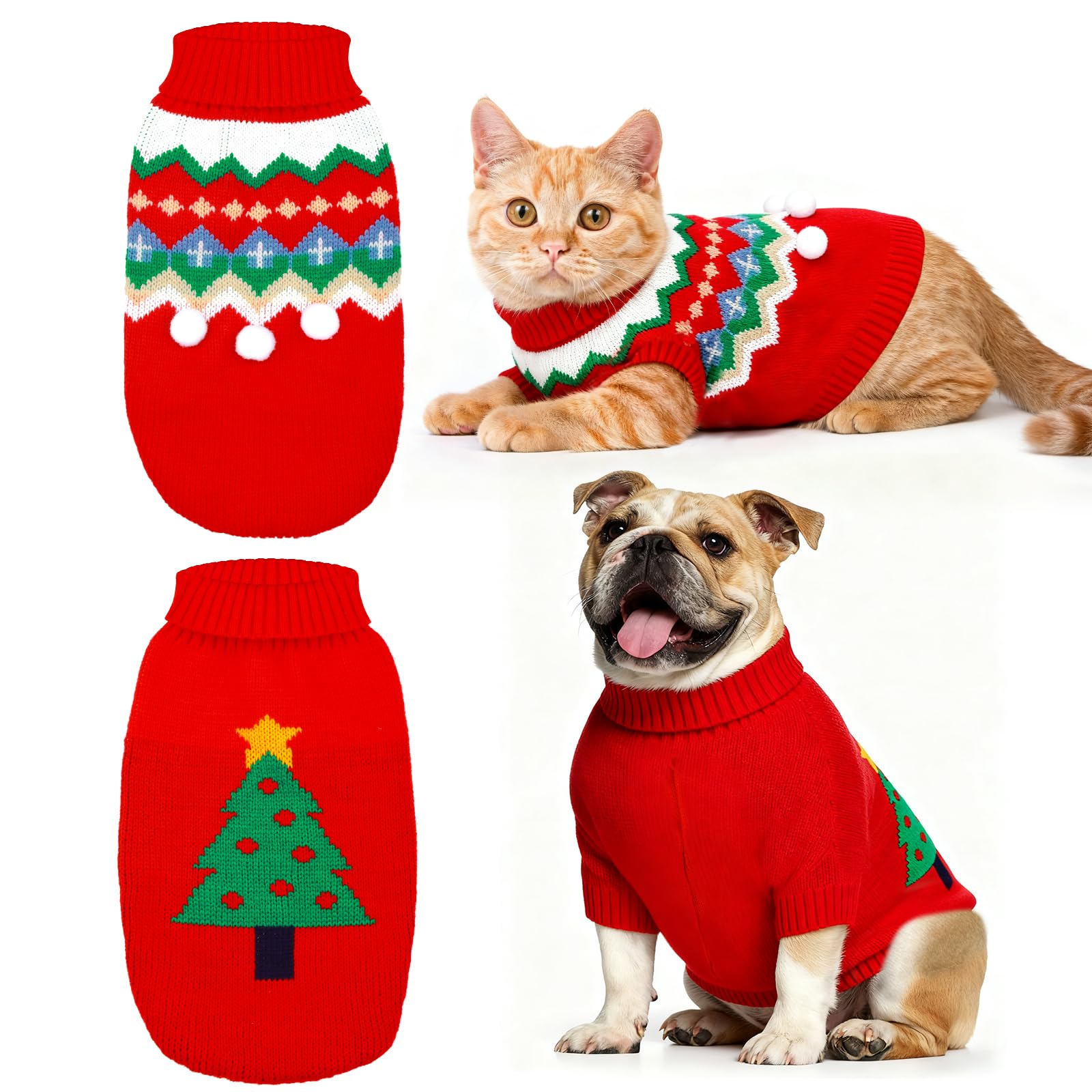 Photo 1 of 2 Pcs Dogs Christmas Sweater Xmas Dog Clothes Cat Turtleneck Knitwear Dog Christmas Outfit Xmas Warm Sweater for Puppies Cats XL