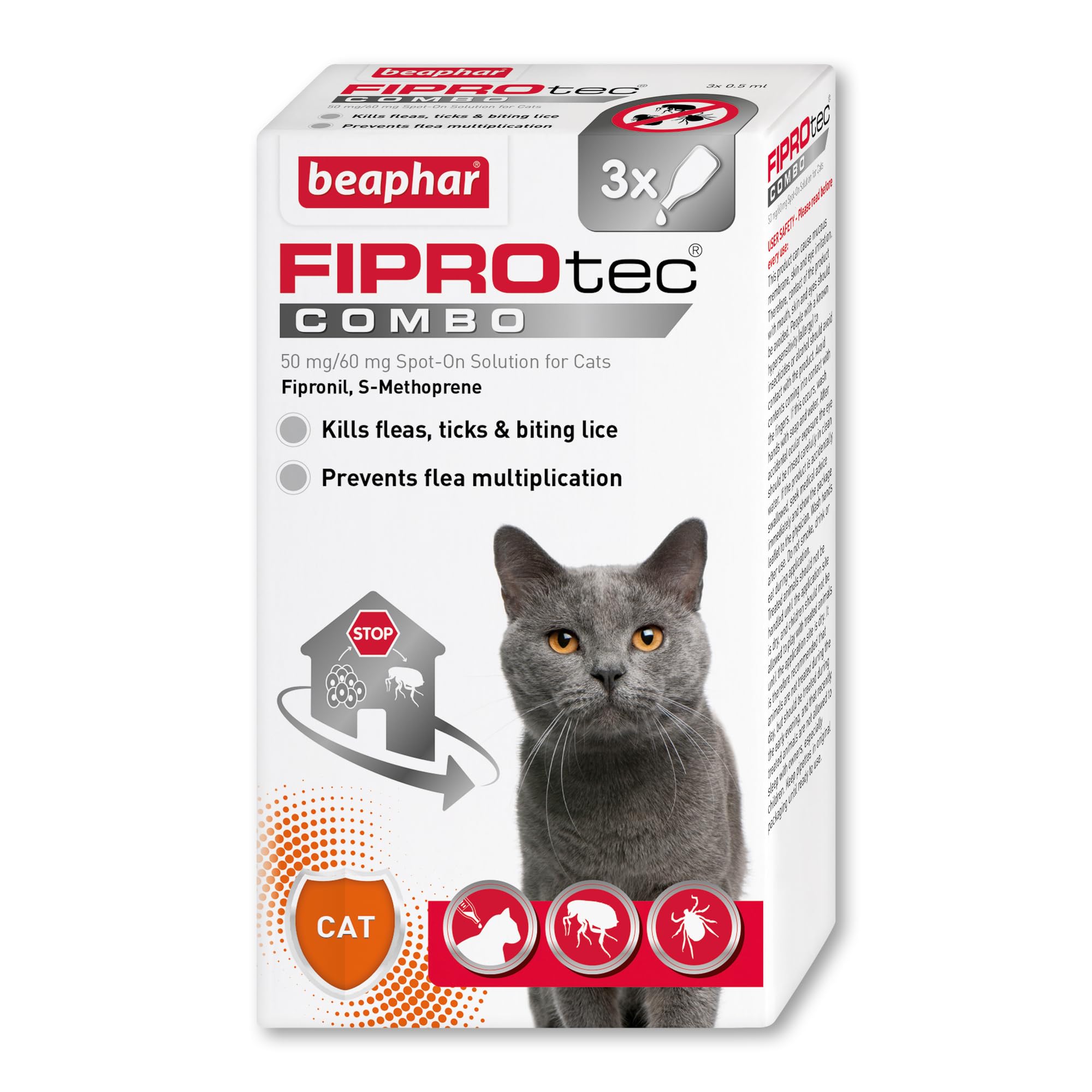Beaphar - FIPROtec® COMBO for Cats – 3 pipettes - Kills Fleas, Flea Eggs, Flea Larvae & Ticks - Stops Fleas Multiplying on Pet and in Home - Vet Strength Cat Flea Treatment