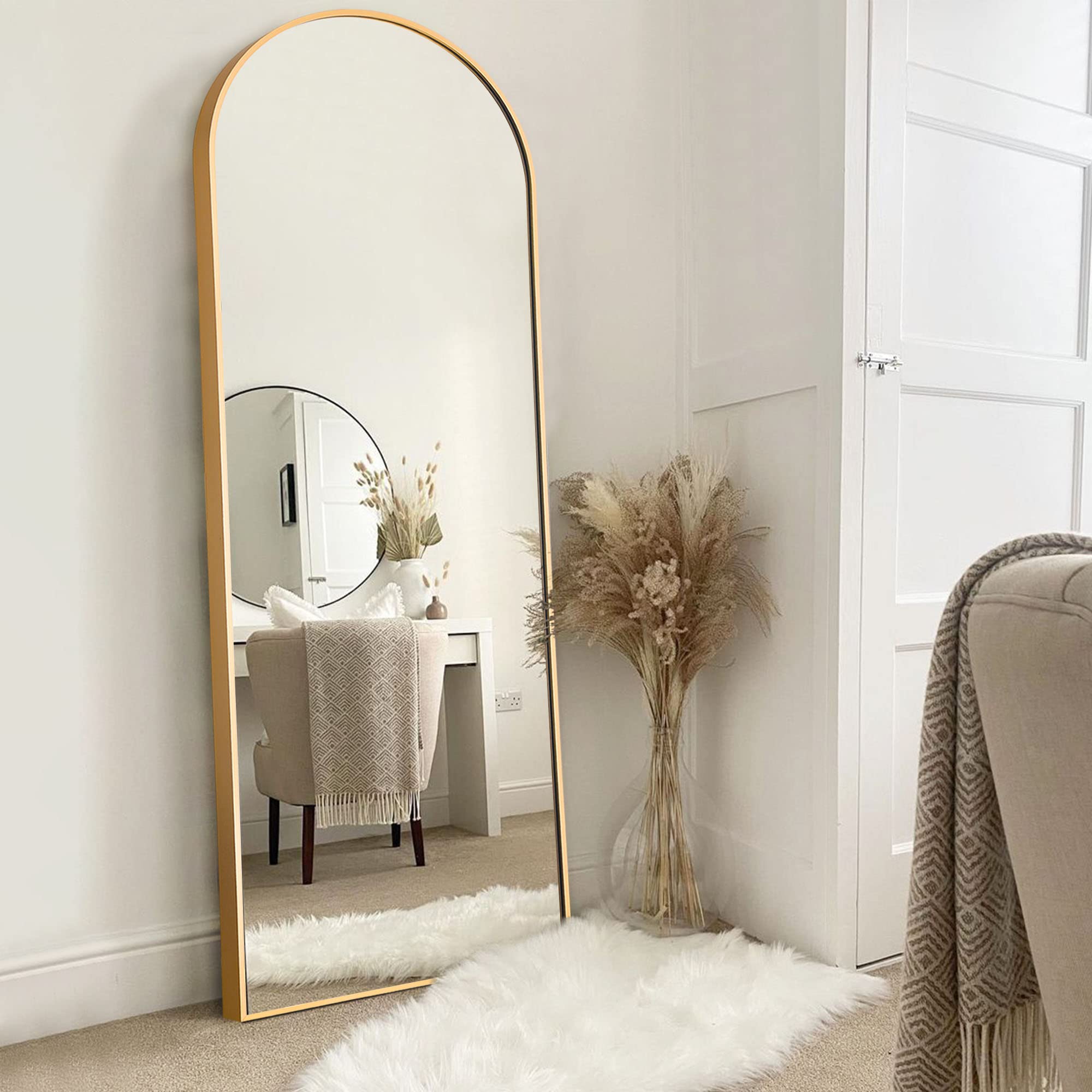 View 1 of NeuType Arched Full Length Mirror Standing Hanging or Leaning Against Wall, Oversized Large Bedroom Mirror Floor Mirror Dressing Mirror, Aluminum Alloy Thin Frame, Gold, 65"x22"
