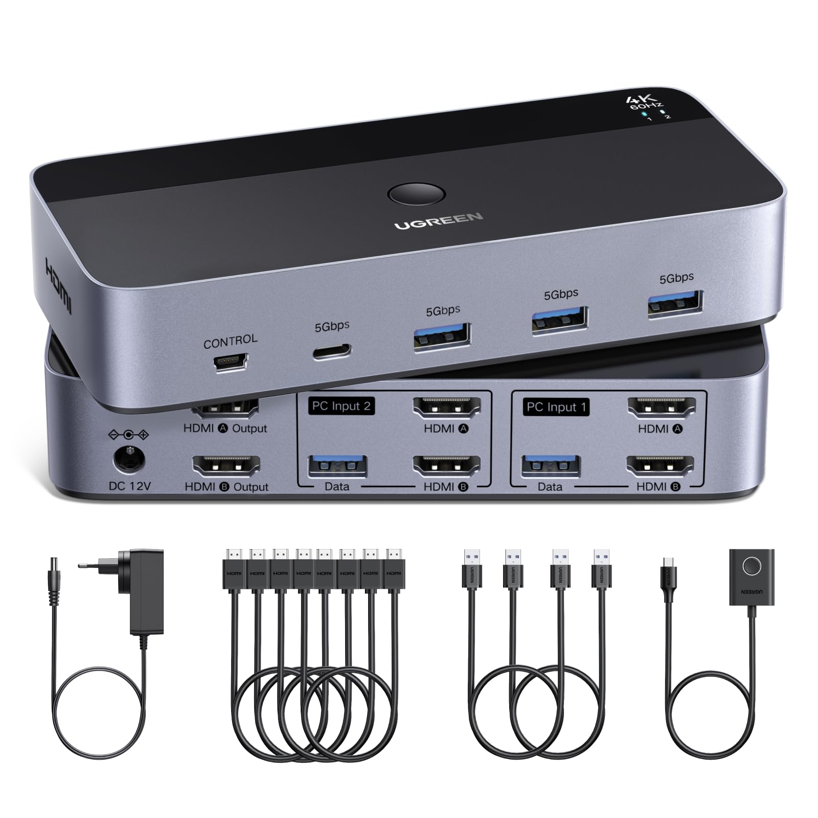 UGREEN HDMI KVM Switch 2 PC 2 Monitore 4K60Hz Tastatur und Desktop-Controller Umschaltung 4 USB 3.0 Ports Kompatibel mit Windows/Linux/MacOS usw.