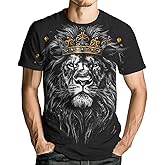 Faiwvhe Men's Casual Lion with Crown Print T-Shirt Fashion Graphic Tee Shirts Short Sleeve